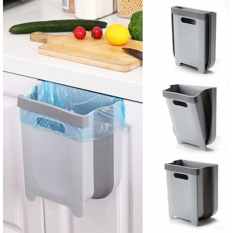 9L Foldable Trash Can Wall Mounted Trash Can for Kitchen Cabinet Door Cleans Counter, Sink, Bathroom Folding Trash Can (Grey)