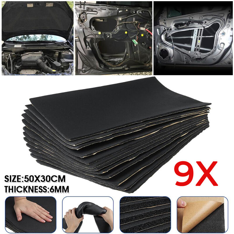 9Pcs 30x50cm 10mm Antibruit pour voiture Isolation thermique de la cloison pare-feu, insonorisation du moteur, tapis d'insonorisation, accessoires
