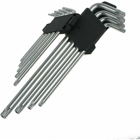 9Pcs Clés Allen Torx Coudée Etoile Hexagonales (Métrique/Torx) À Long BrasJeu de Clés avec Poignée CRV Jeu de Tournevis Coudés Torx T10 T15 T20 T25 T27 T30 T40 T45 T50(85mm-225mm)