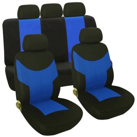 9Pcs Housse de siège auto Voiture Universelle Pour Conducteur et Passager Bleu Noir