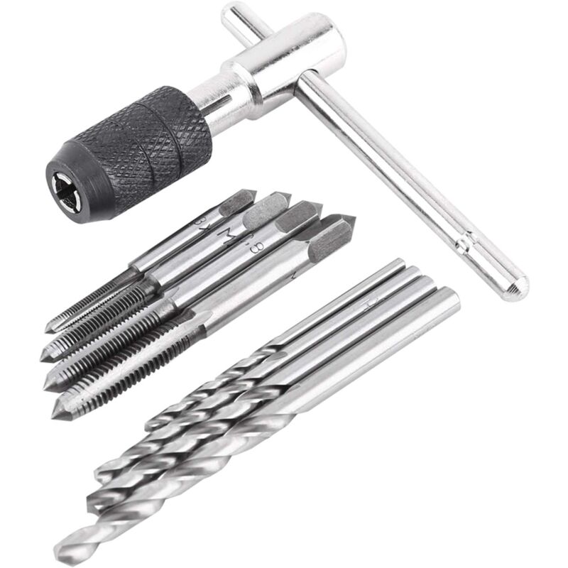 Gotrays - 9pcs/set Screw Taps, 1 T-shaped Tap Wrench, 4 Taps And 4 Twist Drill Bits, High Quality Bearing Steel Tap Wrench Set, Twist Drill Bits Threading Tapping Kit