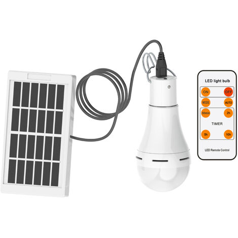 9W Solar Powered LEDs Light Bulbs Remote & AUTO Lighting Control 5 Lighting Functions Timer Setting 6000-6500K White Light Outdoor Rechargeable Emergency Lights for Camping Night Fishing
