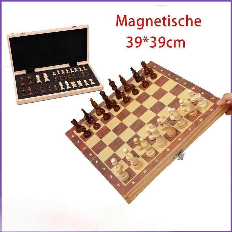 Checs magnétiques en bois 39x39cm Échiquier magnétique Jeu d'échecs avec pièces d'échecs bois Marron