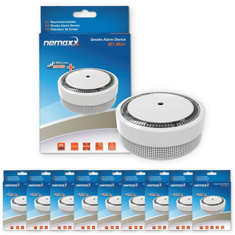 

9x Nemaxx Detector de humo M1-Mini sensibilidad fotoeléctrica - con batería de litio tipo DC3V - conforme la norma DIN EN14604 & Vds - blanco