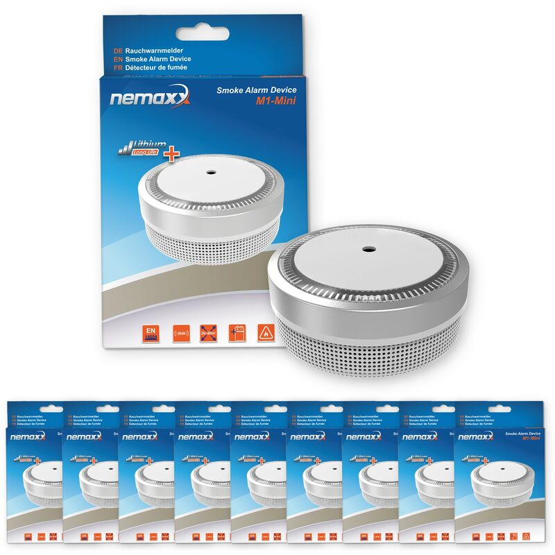 

9x Nemaxx Detector de humo M1-Mini sensibilidad fotoeléctrica - con batería de litio tipo DC3V - conforme la norma DIN EN14604 & Vds - plateado