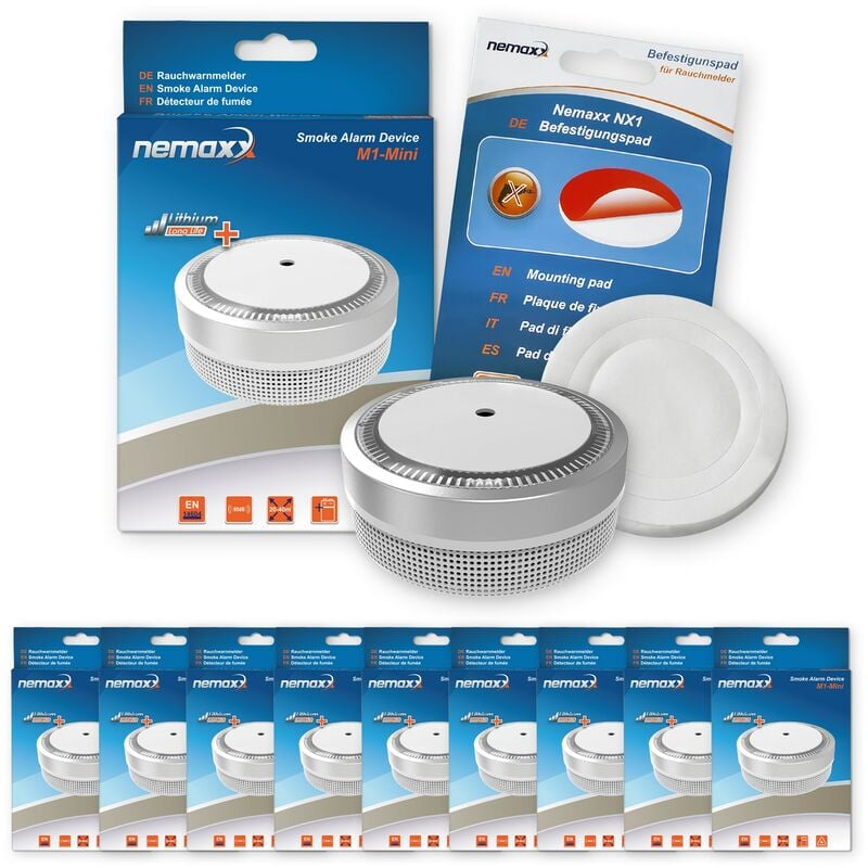 

9x Nemaxx Detector de humo M1-Mini sensibilidad fotoeléctrica - con batería de litio tipo DC3V - conforme la norma DIN EN14604 & Vds - plateado + NX1