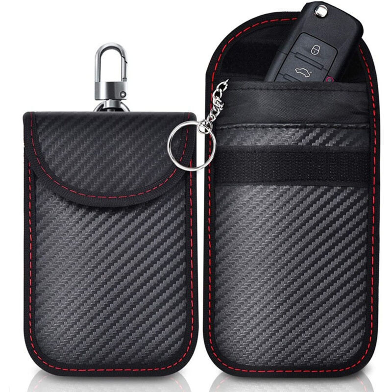 (9x14cm) Anti-RFID Faraday Bag, 2-Piece Set Carbon Fiber Signal Blocking Car Key Case with 2 Black Metal Key Rings