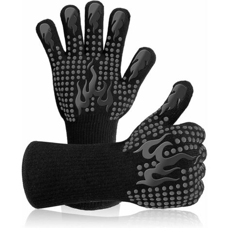 A-A Gant Barbecue,Gants de Four Anti-Chaleur Jusqu'à 800°C Universel Gants de Cuisine Résistant à la Chaleur et Antidérapants Gants pour BBQ Grill Four Cuisine et Cheminée [1 Paire] - Noir A