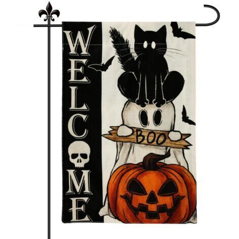 A Bannière Halloween, Drapeau Jardin Double Face 30x45cm Citrouille de Chat Effrayant Drapeau de Drapeau de Jardin d'Halloweenpour la Décoration Extérieure d'Intérieur d'Halloween