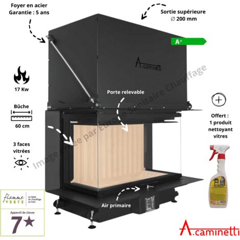 A Caminetti – Foyer à bois Crystal 90 Max – Puissance 10-17 kW – Rendement 87% – Diamètre évacuation 200 mm – Vitre céramique résistante 800°C