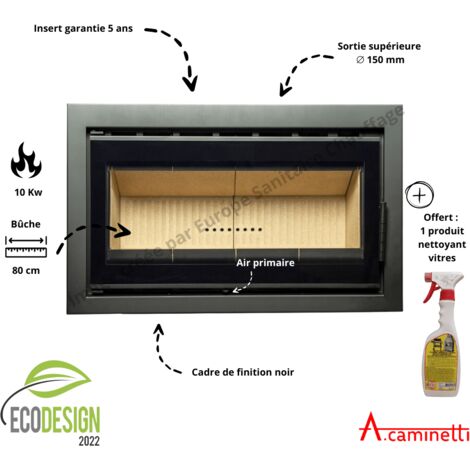 A Caminetti – Insert cheminée bois Cassette 90 black – Puissance 5-10 kW – Rendement 75% – Diamètre évacuation 150 mm – Finition intérieure noire