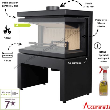 A Caminetti – Poêle à bois 3 faces – Puissance 7-12 kW – Rendement 75% – Volume de chauffe jusqu'à 205 m³ – Triple vitrage – Installation par le haut