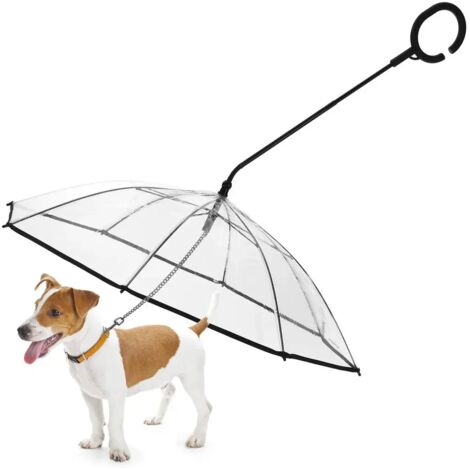 A dog umbrella with a chain leash, adjustable angle, and C-shaped handle, suitable for rainy days.