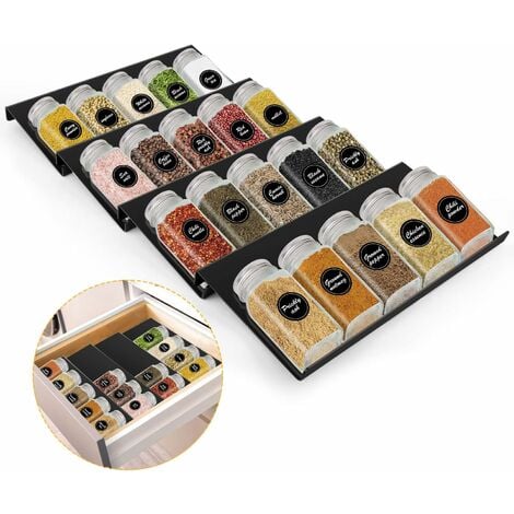 ORMROMRA à Épices pour Tiroirs, Extensible de 30cm à 60cm Rangement Epices Cuisine Tiroir, Organiseur à Porte Épices, Insert de Tiroir à Épices, 4 Niveaux Lumten