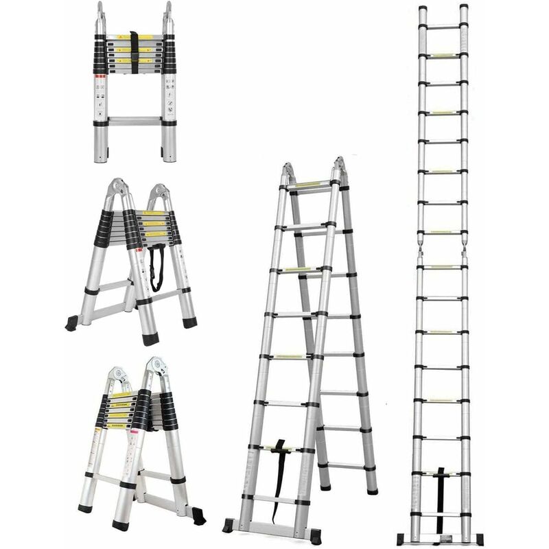 A-Frame 16.5ft/5M Aluminum Telescopic Extension Ladder Portable Heavy Duty Tall Multi-Purpose Telescoping Ladder, en 131 Certified Ladder with