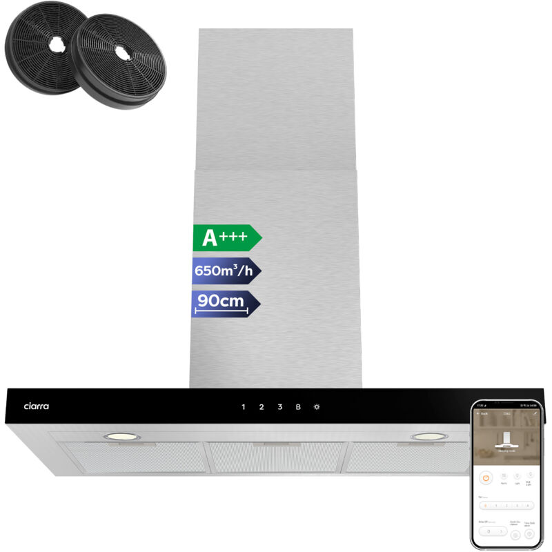 A++ Hotte 90cm - Tactile - 4 Vitesses - 650 m3/h - 2pcs Filtre Actif - Recyclage ou Evacuation - Chemin¨¦e - Inox - CBCS9102
