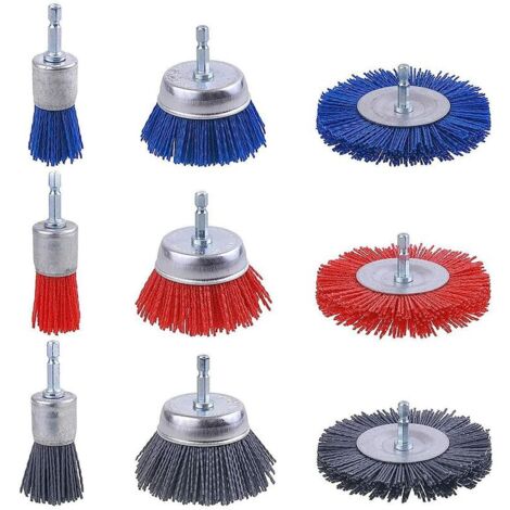 A-Set de 9 cepillos abrasivos de alambre de nailon, cepillo de taladro de nailon con vástago hexagonal de 1/4 pulgadas, herramientas abrasivas para lijado de madera, cepillo de taladro para eliminar ó