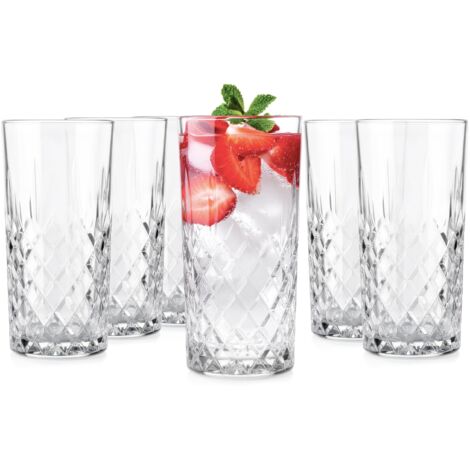 A set of 6 tall glass cups, with crystal texture, a capacity of 350 milliliters, and easy to clean.