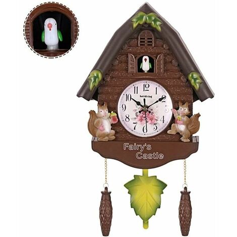A voir - Pendule à coucou de la Forêt-Noire avec pendule, horloge murale à oiseaux avec appel d'oiseau naturel, mouvement à quartz à coucou à piles, décoration d'art pour la maison (26 x 42 cm)