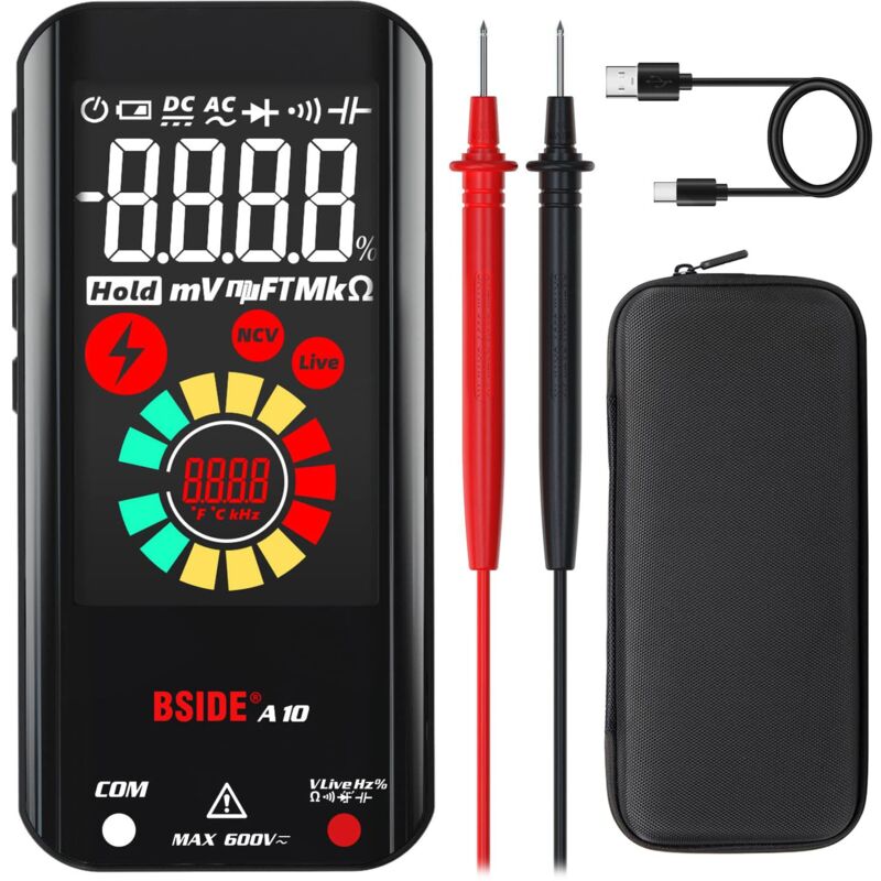 A10 Mini Multimètre Numérique Rechargeable Grand LCD Couleur 6000 Comptes Testeur Automatique de Tension Résistance et Continuité Testeur Capacité