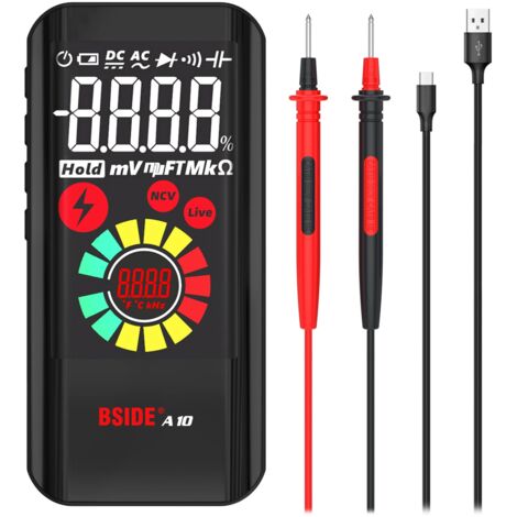A10 Mini Multimètre Numérique Rechargeable Grand LCD Couleur 6000 Comptes Testeur Automatique de Tension Résistance et Continuité, Testeur Capacité Diode NCV avec Bip Sonore Lampe de poche