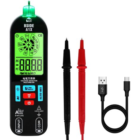A1X Multimètre Numérique Intelligent Mini Testeur Électrique Rechargeable avec Nouvel Écran ID Détecteur de Tension Sans Contact Testeur de Continuité Capacité Ohm Diode Câble Sous Tension