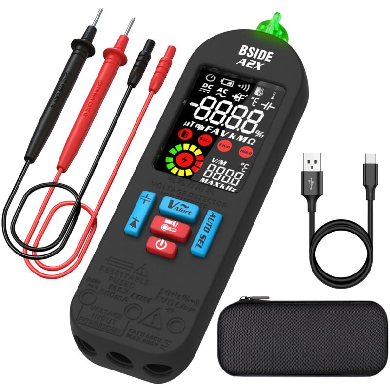A2X Multimètre Numérique Intelligent Rechargeable Testeur Électricien Mini avec LCD Couleur VFC Capacimètre Ampèremètre Détecteur de Tension Sans