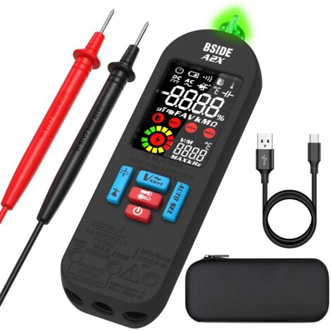 A2X Multimètre Numérique Intelligent Rechargeable Testeur Électricien Mini avec LCD Couleur VFC Capacimètre Ampèremètre Détecteur de Tension Sans Contact