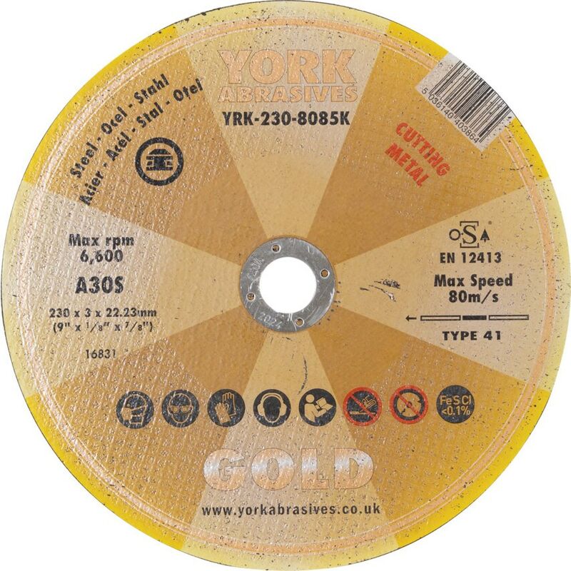 York Abrasives Gold 230X3X22.23MM A30S Flat Cutting Disc