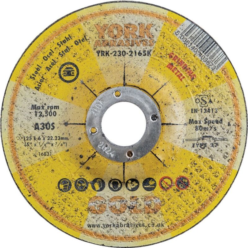 York Abrasives Gold - 125 X 6 X 22MM A30 S Reinforce Grinding Discs for Metal - Ty