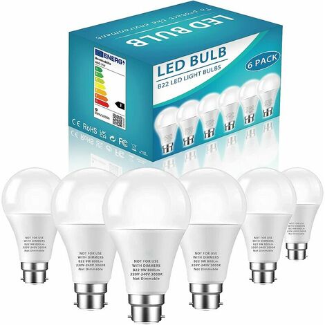 A60 Ampoule LED B22, Super Lumineuse 9W équivalent à Une Ampoule à Incandescence De 60W, Ampoule à Baïonnette Blanc Chaud 6500K, Non Dimmable, Lot De 6