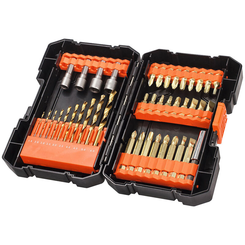 Coffret avec un jeu de 41 embouts de tournevis et de forets de différentes tailles en titane