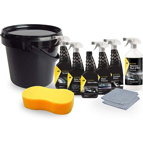 main image of "AA Car Essentials Cleaning kit 5 x 750ml plus 1L Waterless wash and Wax with Jumbo Sponge, 2 Microfibre cloths and 10L Bucket"