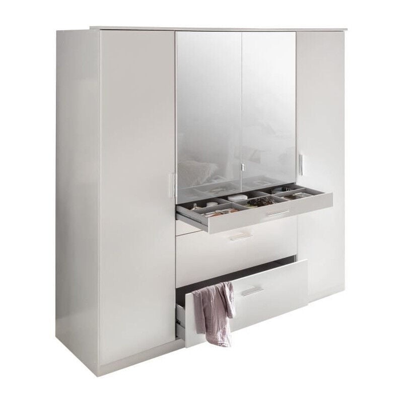 Armoire de chambre - Décor blanc - 4 portes battantes - 2 miroirs - 4 tiroirs - 180 x 58 x 199 cm