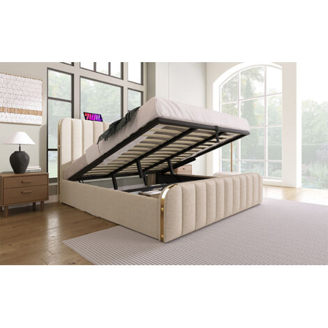 =AB20025051B. Lit double 180×200 cm, dessus recouvert de coussinets et orné de bandes dorées. Literie avec charge USB-C. Matériau lin beige, lit à ressorts sans matelas.