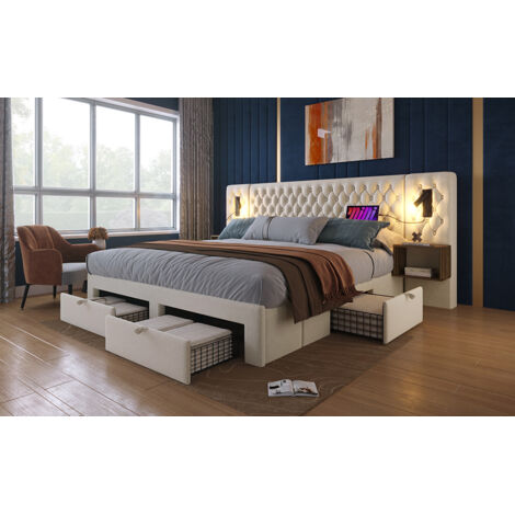 (=AB30260890B) Linge chambre à coucher complet 160×200 cm, 2 tables de nuit et 4 tiroirs. Éclairage sommet/USB, velours beige, sans matelas.