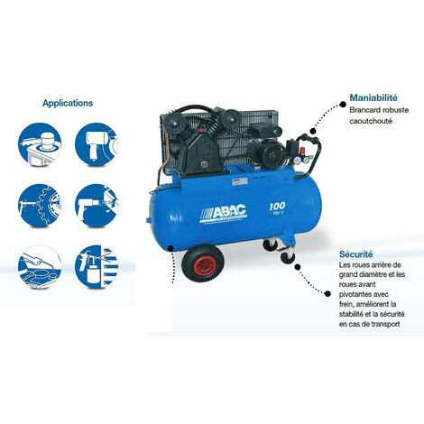 Abac – Compresseur bi-cylindre en V 3CV 100 litres 19,8 m³/h 9 bar – Tête en fonte – Débit d'air constant pour outils pneumatiques