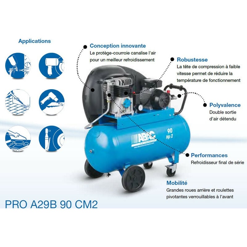 Compresseur d'air pro 2CV 90 litres 15,3 m3/h - 10b - pro A29B 90 CM2 - Abac