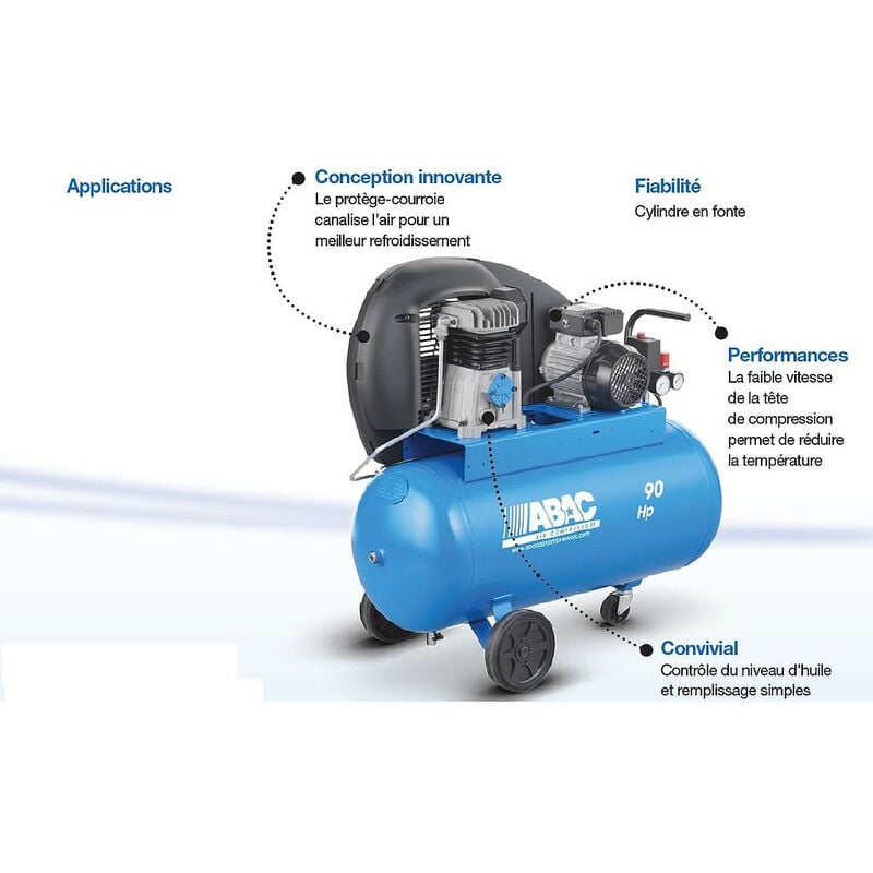 Compresseur d'air 3CV 10 bar 90 litres 20,2 m3/h (Triphasé) - A29B 90 CT3 - Abac