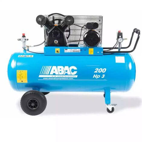 Abac – Compresseur à piston 3CV 400V triphasé 9 bar 200L – Débit 21,8 m3/h – Moteur à basse vitesse pour fonctionnement silencieux