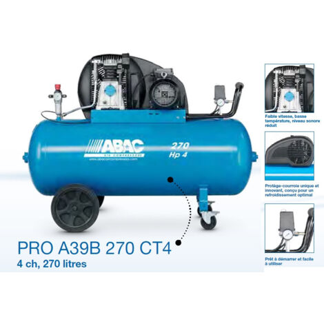 Abac – Compresseur d’air professionnel 3CV 270 litres 23,58 m3/h 10bar – Moteur à piston silencieux pour travaux intensifs – Alimentation 230V - PRO 3 CV