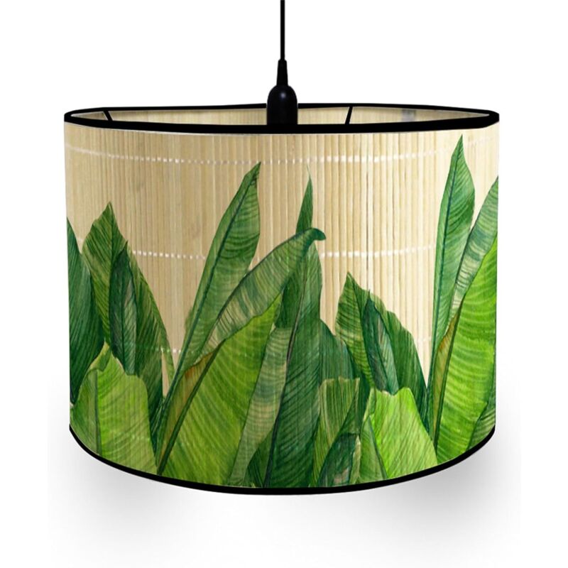 Abat Jour en Bambou, Motif Feuilles Tropicales Style Vintage Diamètre 30cm Abat-Jour Lampe Tambour Abat Jour Pour Lampe de Table Abats-Jour Lampe Sur