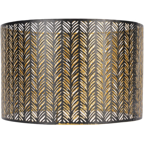Abat-jour Métallique Cylindrique en Fer Noir et Doré avec Motifs Feuilles Décoratives pour Lampe de Table Murale ou Suspension - Compatible E14/E27 - Dimensions: Ø25cm x H16cm