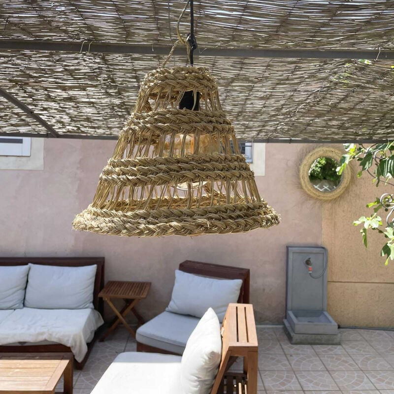 Dmail - Abat-jour paille naturelle ajourée conique fibre alfa tressée