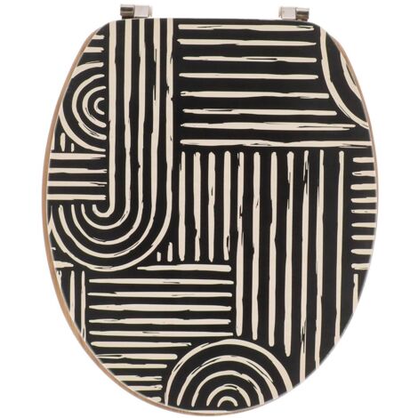 Abattant WC en Bois déco Ethnic Vibes Noir et Blanc avec Kit fixation en Acier Inoxydable - TENDANCE
