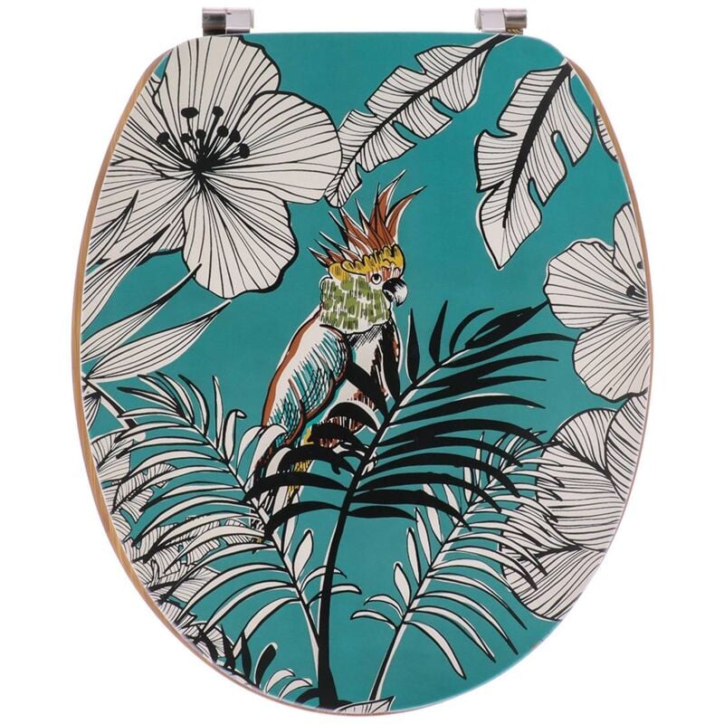 Abattant wc mdf 18 pouces couvercle design imprimee et assise facon bambou attaches acier inoxydable - jungle fever bleu - Tendance