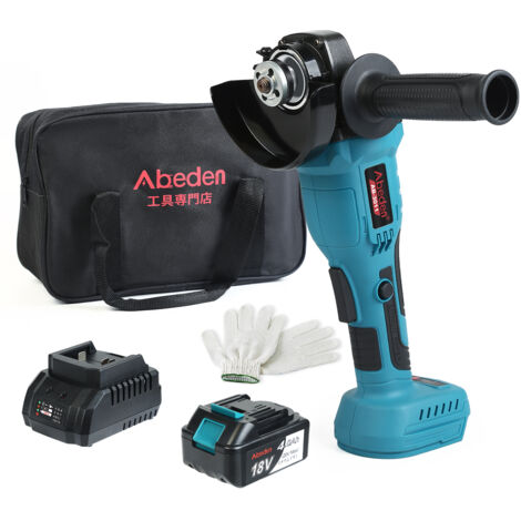 Abeden 18V/meuleuse d'angle sans fil professionnelle (vitesse de ralenti : 9800 min-1, diamètre du disque : 125 mm / bleu / équipé de batterie et chargeur / accessoires)