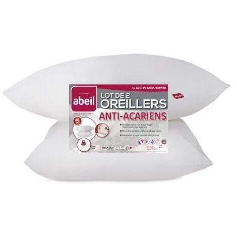 ABEIL Lot de 2 Oreillers Anti-Acarien - 60 x 60 cm - Blanc