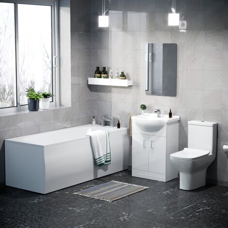 main image of "Abermule Bathroom Basin Flat Pack Vanity Unit, Toilet and Bath Suite White"