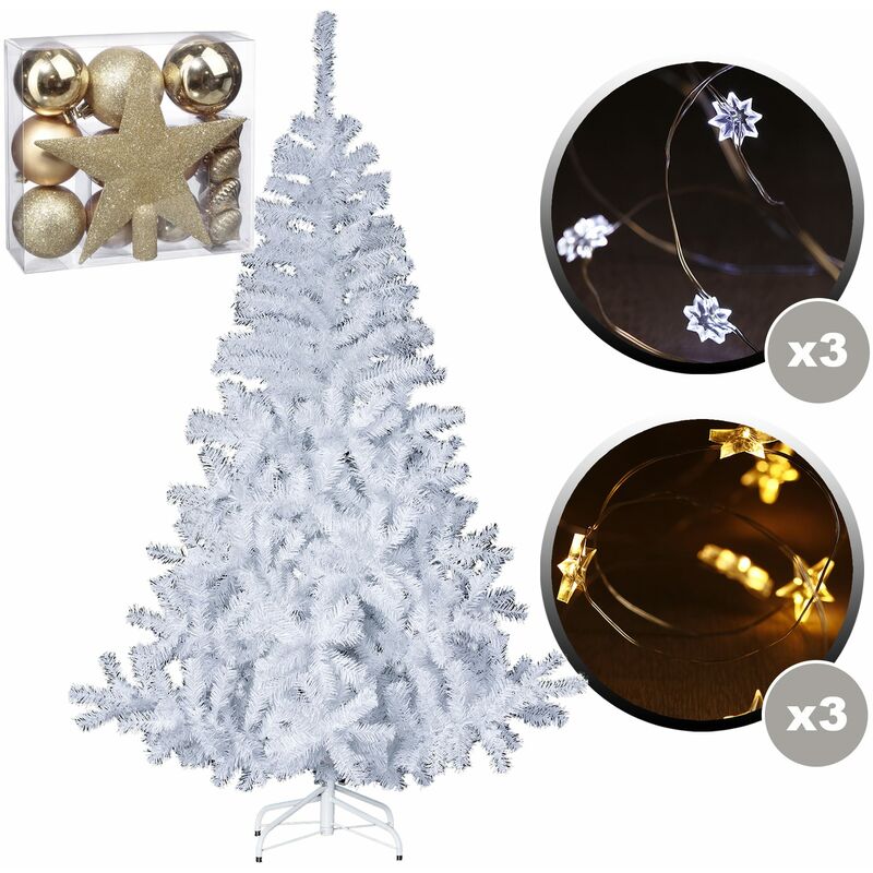 

Wellhome - Abeto blanco 180 cm + Pack de 18 piezas doradas decorativas de navidad + 6 guirnaldas de cobre de 20 LED para interiores